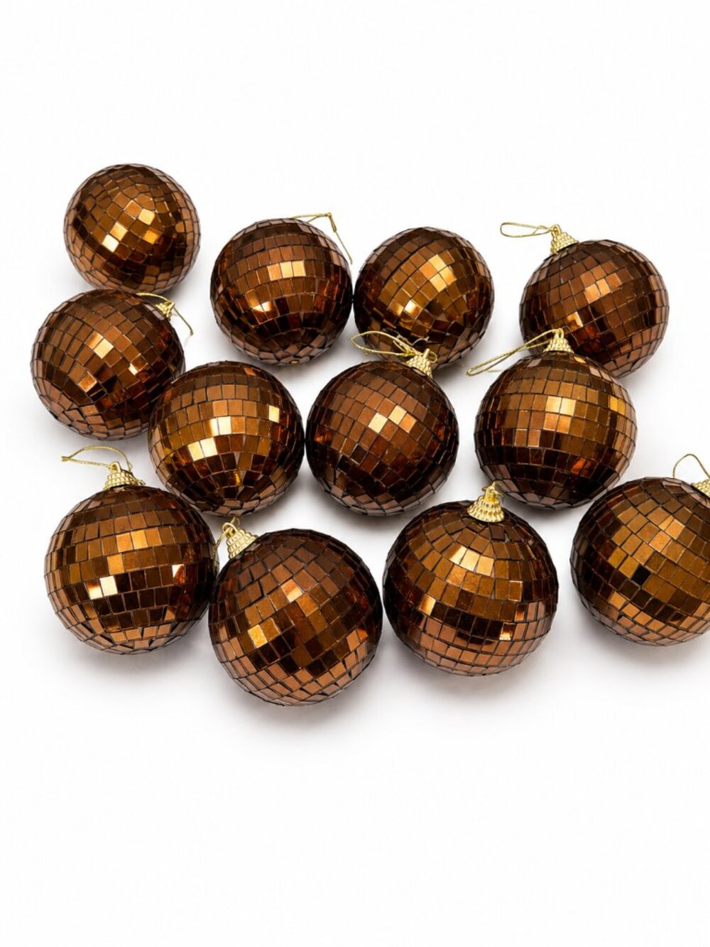 Set of 10 Bronze Copper Disco Ball Christmas Ornaments | Mirrored Holiday
